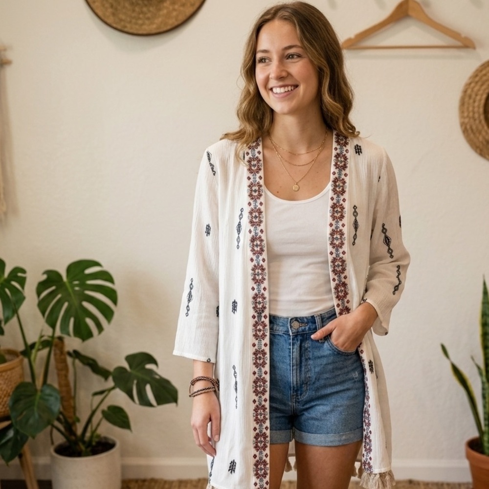Women’s Folk Embroidered Open-Front Duster Cardigan Tassel Hem Kimono Festival